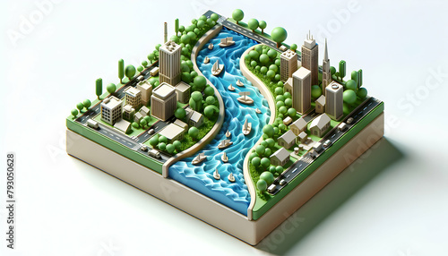 3D Icon  River Revival - A River Flowing Through a City with Clean Water Initiatives and Green Banks in Zero Waste Set