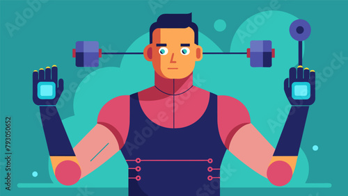 A weightlifter utilizing a sensorembedded glove that syncs with their neural implant improving their grip and strength..