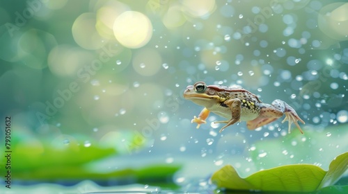 cute frog on a leaf in a pond with bokeh background in a sunrise in high resolution and quality