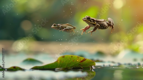 cute frog jumping in a pond with blur background