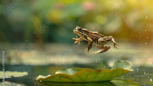 cute frog jumping in a pond with blurred background in high resolution and quality