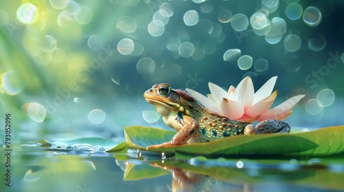 cute frog on a leaf in a pond with bokeh background in a sunrise in high resolution