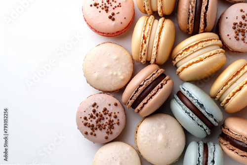 French colored macarons isolated on white background. Flat lay, top view