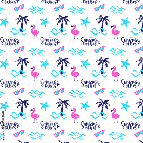 Summer vibes bright seamless pattern. Palm, sea waves, pink flamingo, sea star, sunglasses repeat on white background. Fashion vector illustration in modern style.