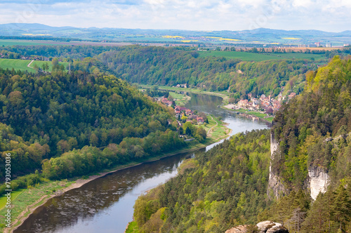 Beautiful summer view of Elbe river from Bastei view pont. Colorful morning scene of Saxon Switzerland national park, Germany, Europe.