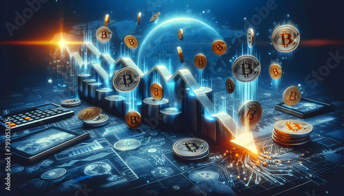 Futuristic Cascade: Cryptocurrency Symbolizing Decline in Bitcoin Value with Abstract Chart (Adobe Stock Photo Concept)