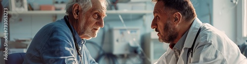 A heartwarming moment between a geriatric doctor and an elderly patient, conveying a sense of empathy, trust, and reassurance in a medical setting photo