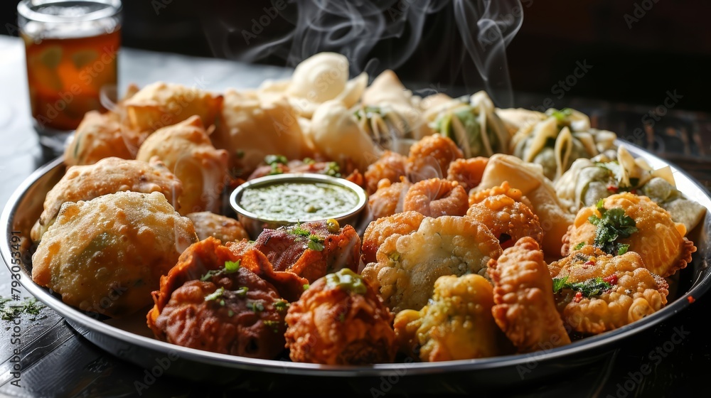 A steaming platter of crispy pakoras, samosas, and kachoris garnished with mint chutney and tamarind sauce A steaming platter of crispy pakoras, samosas, and kachoris garnished with mint chutney and tamarind sauce