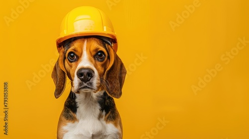 A cheerful beagle pup sporting a construction helmet stands proudly against a vibrant yellow backdrop wishing you a joyous Labor Day celebration Banner