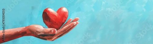 An illustration showcasing appreciation for healthcare heroes with a hand holding a handmade red heart against a blue background