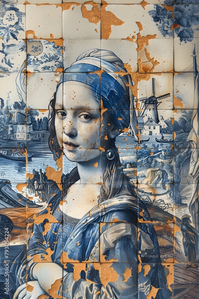 Old chipped ceramic tiles, motif of a girl in Dutch costume, Delft blue pottery