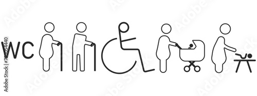 Toilet icon set.
Men's, women's and disabled toilets.
Old grandmother and grandfather