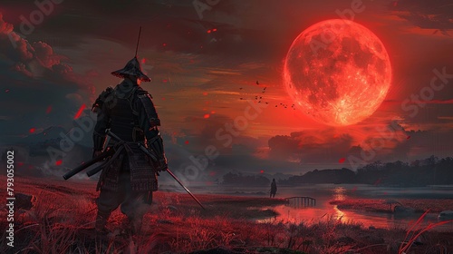 A samurai stands in a field of tall grass as a large red moon rises in the background. The samurai is wearing a traditional outfit and has a sword in his hand. The sky is dark and there are clouds in  photo