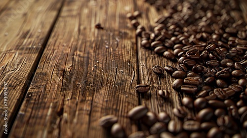 A pile of coffee beans on a wooden table. The beans are scattered all over the table, with some of them closer to the edge and others in the middle. Concept of warmth and comfort photo
