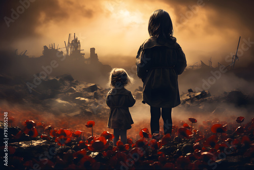 Two children look sadly at the devastated landscape. Days of remembrance for those who lost their lives during the Second World War, 8 May
