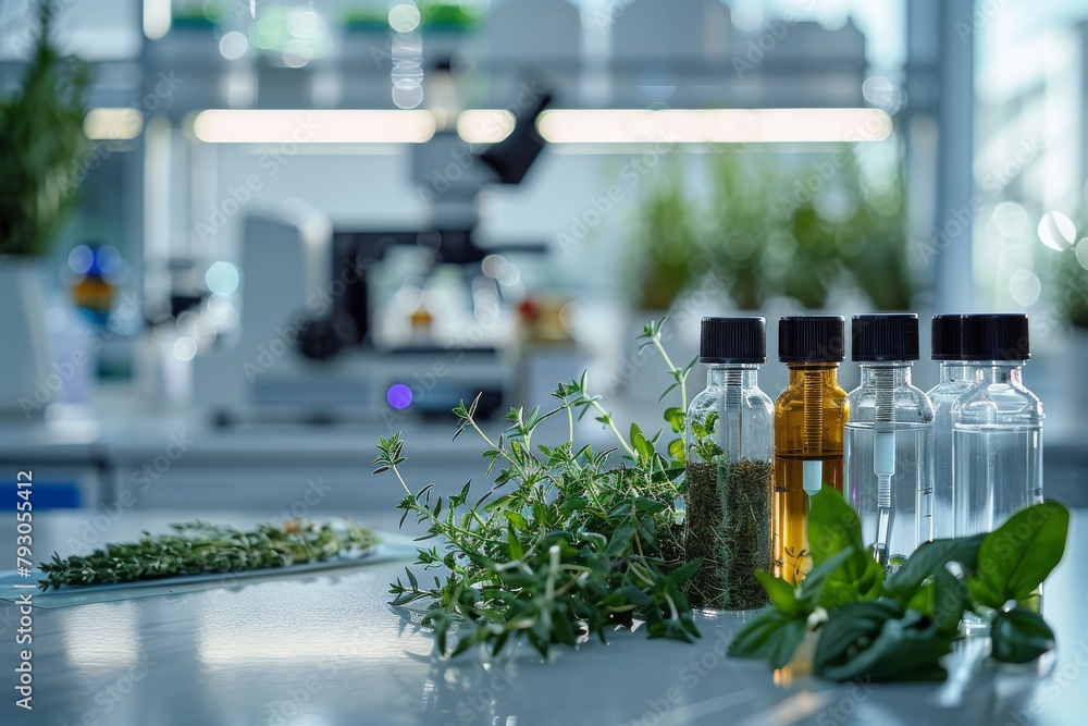 A lab table with several vials of herbs and plants A lab table with several vials of herbs and plants