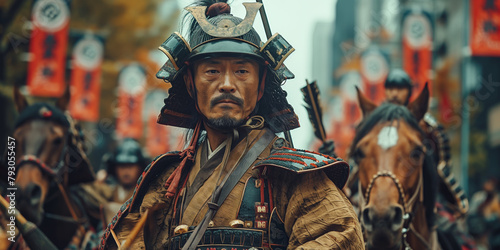 Sumida Park in Tokyo, an archer dressed in the uniform of a samurai warrior fires his arrow at a target photo