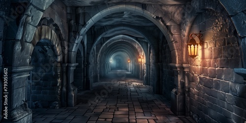 Dark dungeon backgrounds  long scary medieval castle corridor with torches. Endless mystical nightmare and opportunity for secret treasure  game  Halloween  party event card backgrounds.