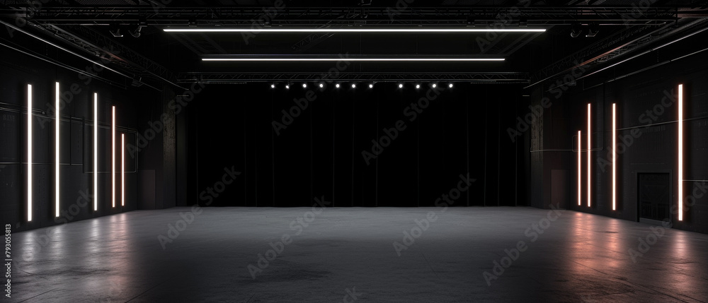 Black futuristic stage background, dark studio room and lines of white light, wide banner. Concept of show, scene, garage, panorama, modern interior, showroom