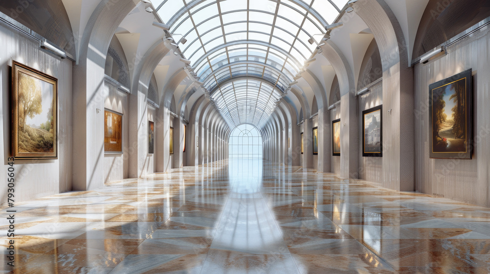Luxury interior of modern museum, perspective of empty hall with shiny marble floor and paintings on white walls. Concept of art, exhibition, gallery, room, collection, history