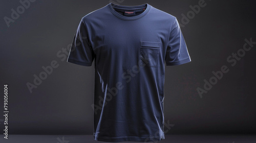 Front view of a navy blue half sleeve t-shirt featuring a small pocket on the chest, adding a functional yet stylish element to the garment