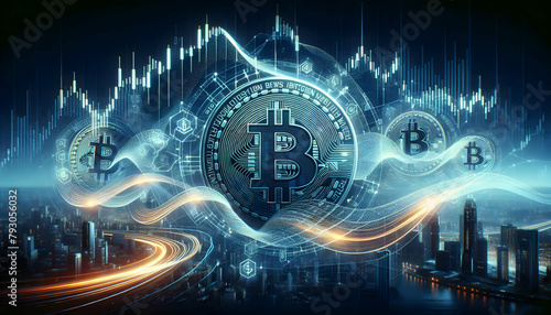 Futuristic Wealth Wave: Abstract Bitcoin Symbols with Fluctuating Cryptocurrency Chart