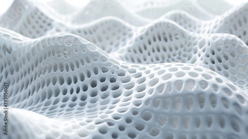White perforated futuristic structure, abstract digital waves of AI mind, data surface texture background. Concept of technology, network, cyber future, space
