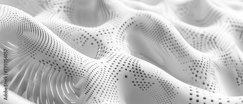 White perforated futuristic structure, abstract digital waves of AI mind, data texture background. Concept of technology, network, cyber future, space, photo