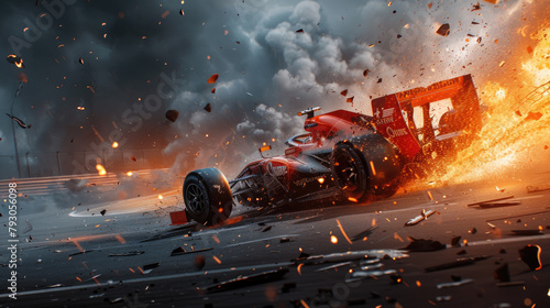 Racing car driving with fire, smoke and sparks on dark background, burning sports vehicle runs fast on track.. Concept of crash, speed, accident, wreck, road