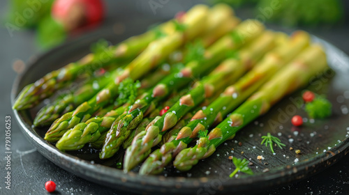 Close-up of delicious fresh Asparagus served on dark plate.