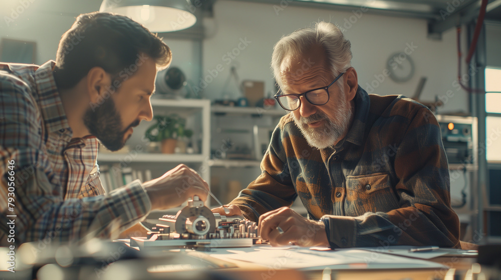 A plant worker showing a mechanical part to his manager during a problem-solving meeting, with the factory office environment around them. , natural light, soft shadows, with copy A plant worker showing a mechanical part to his manager during a problem-solving meeting, with the factory office environment around them. , natural light, soft shadows, with copy