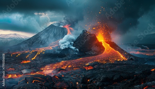 A volcano erupts with lava and smoke, creating a fiery and dangerous scene by AI generated image photo