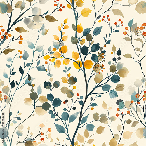 seamless pattern in all sides with colorful leaves and flowers design in white background