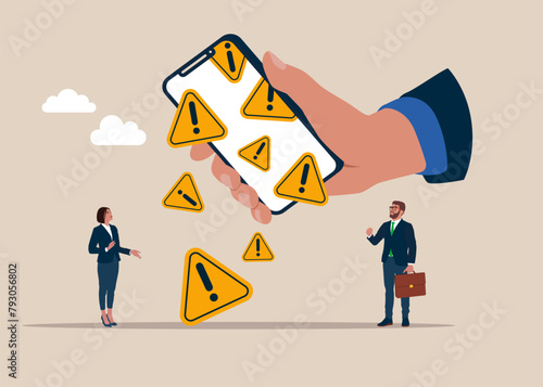 Exclamation attention signs fall from a smartphone. Incident management, root cause analysis or solving problem, identify risk or critical failure.  Flat vector illustration