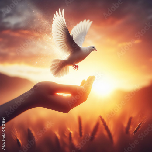 Dove flies off your hand. Prosperity and freedom concept. International day of peace. Blurred background