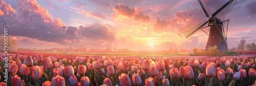 Tranquil landscape featuring a majestic windmill set against a backdrop of vibrant tulip fields under a soft dawn sky #793057097