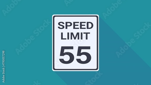 Appearance of a rectangular black and white 55 mph speed limit road sign from the USA on a blue background with long shadow in flat design style