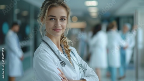 Confident Young Female Doctor Smiling in Hospital Corridor