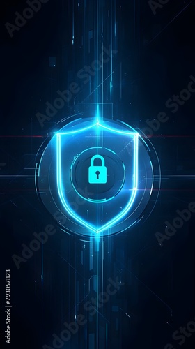 Digital Shield with Lock Symbol Representing Cybersecurity in Minimalist Neon Style