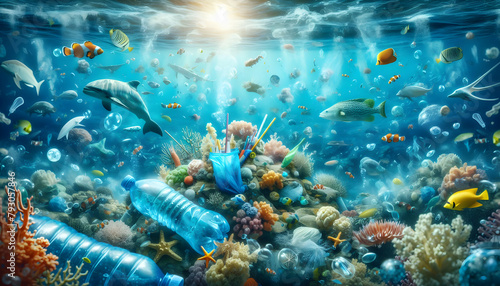Vibrant Ocean Ecosystem  Zero Waste Underwater Conservation Scene with Diverse Marine Life  No Plastic Waste