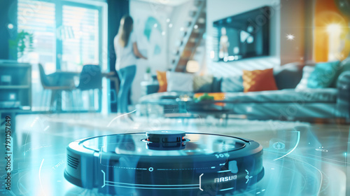 High-tech robot vacuum cleaner in modern living room, against blurred background of person's daily life. Smart home system, innovations and latest electronic computer technologies in everyday use
