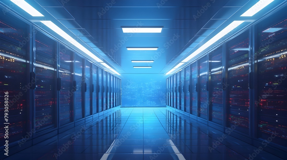 Fototapeta premium Futuristic Cloud Computing Data Center with Rows of Servers and Vast Storage Capacity