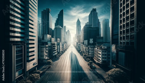 A cityscape with a large empty road in the middle photo