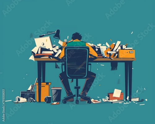 A chaotic workspace desk strewn with papers and cluttered items reflects the mental exhaustion of its occupant, drained from hours of work.