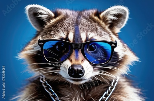 Cool raccoon with glasses and a vest with a chain around his neck on a blue background. Close-up