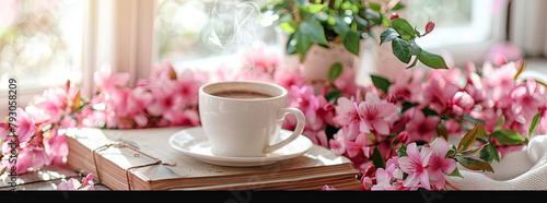 a coffee cup with steaming coffee,blossoming flowers, books,690 pixels in width ,900 pixels in height, capturing the essence of a delightful and tranquil moment,indian pink,white background