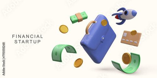 3d realistic Financial startup concept on white background. Vector illustration.
