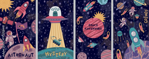 Space posters. Children astronaut in spacesuit. UFO rocket and alien in galaxy. Sky Earth and science pattern. Kids design. Cosmos adventure. Mystery universe. Vector cartoon banners set