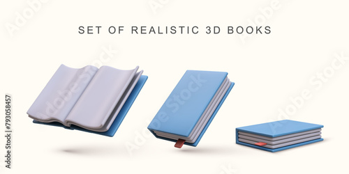 3d realistic set of realistic blue books on white background. Vector illustration.