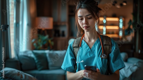 Thoughtful Female Healthcare Professional in Scrubs Using Smartphone photo